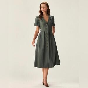 RIHOAS Green V Neck Pleated Button Midi Dress XS